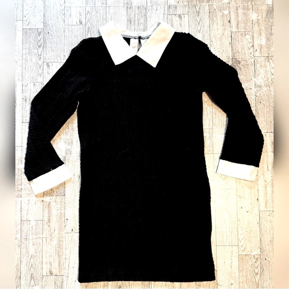 Wednesday Style, Ribbed Black, Long Sleeve Collared Dress - Picture 2 of 16